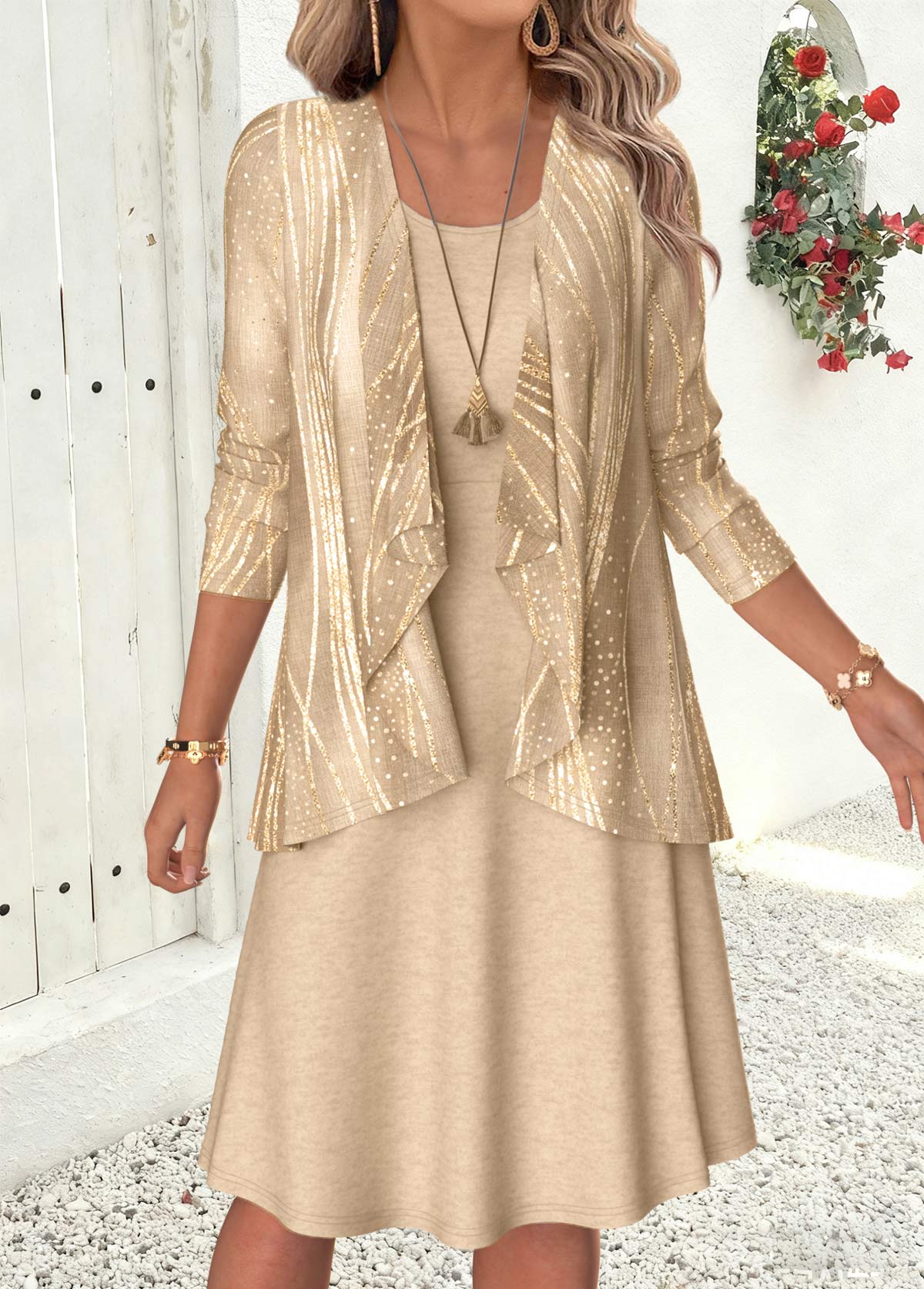 Gray Brown Geometric Print Two-piece Dress and Cardigan | picture 
