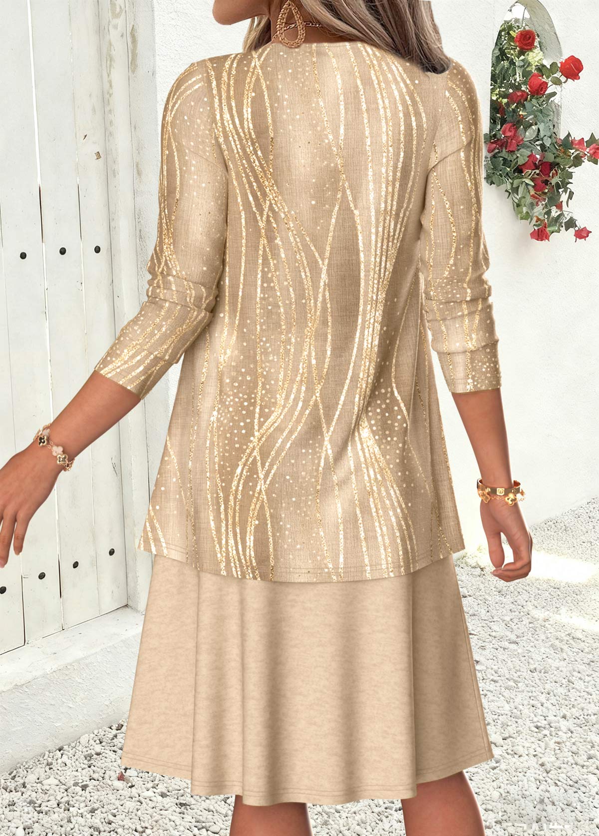 Gray Brown Geometric Print Two-piece Dress and Cardigan | picture 
