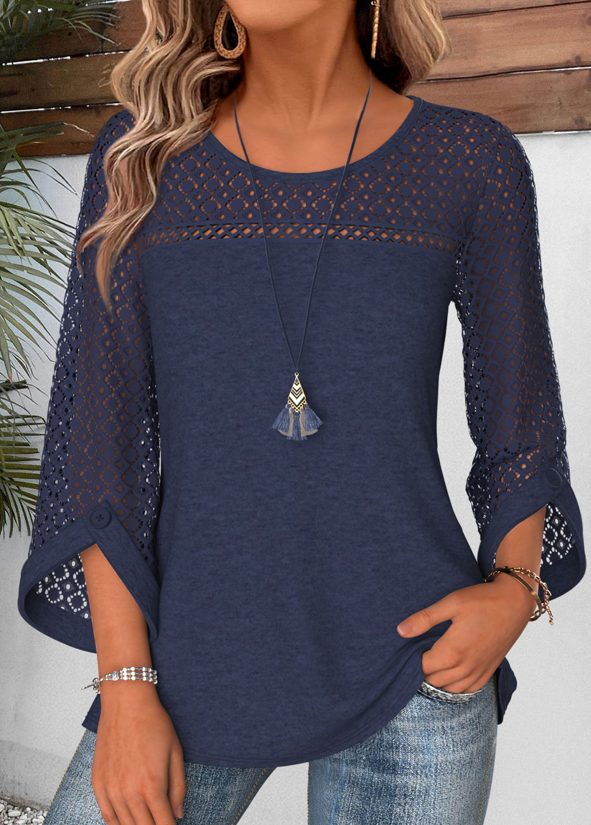 Navy Patchwork 3/4 Sleeve Round Neck Blouse | picture 