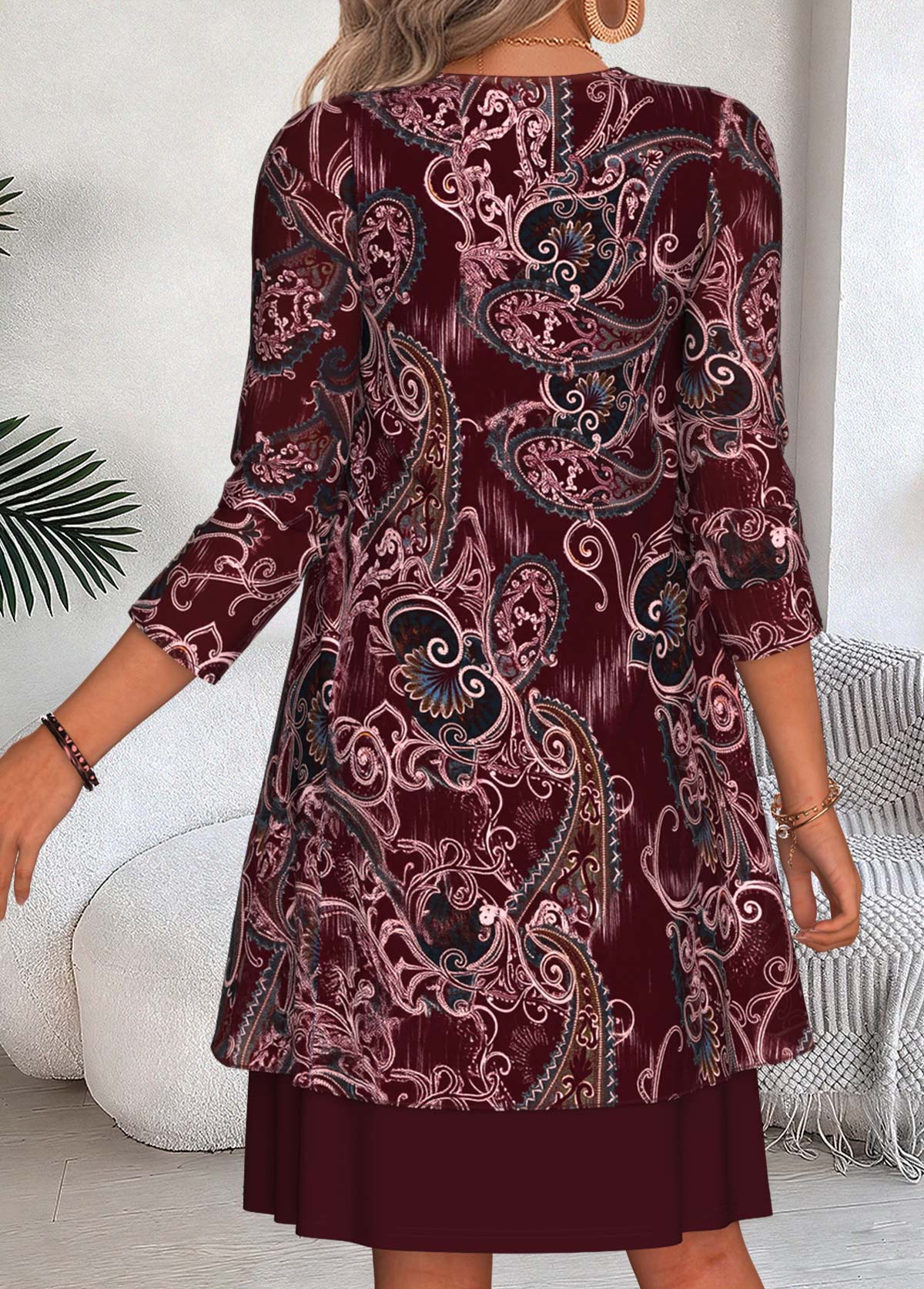 Wine Red Paisley Print Two-piece Dress and Cardigan | picture 