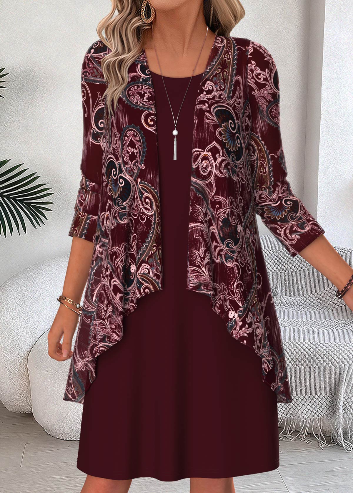 Wine Red Paisley Print Two-piece Dress and Cardigan | picture 