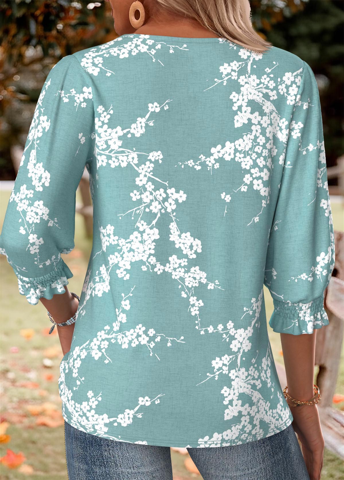 Green Floral Print Smocked 3/4 Sleeve Round Neck Blouse | picture 