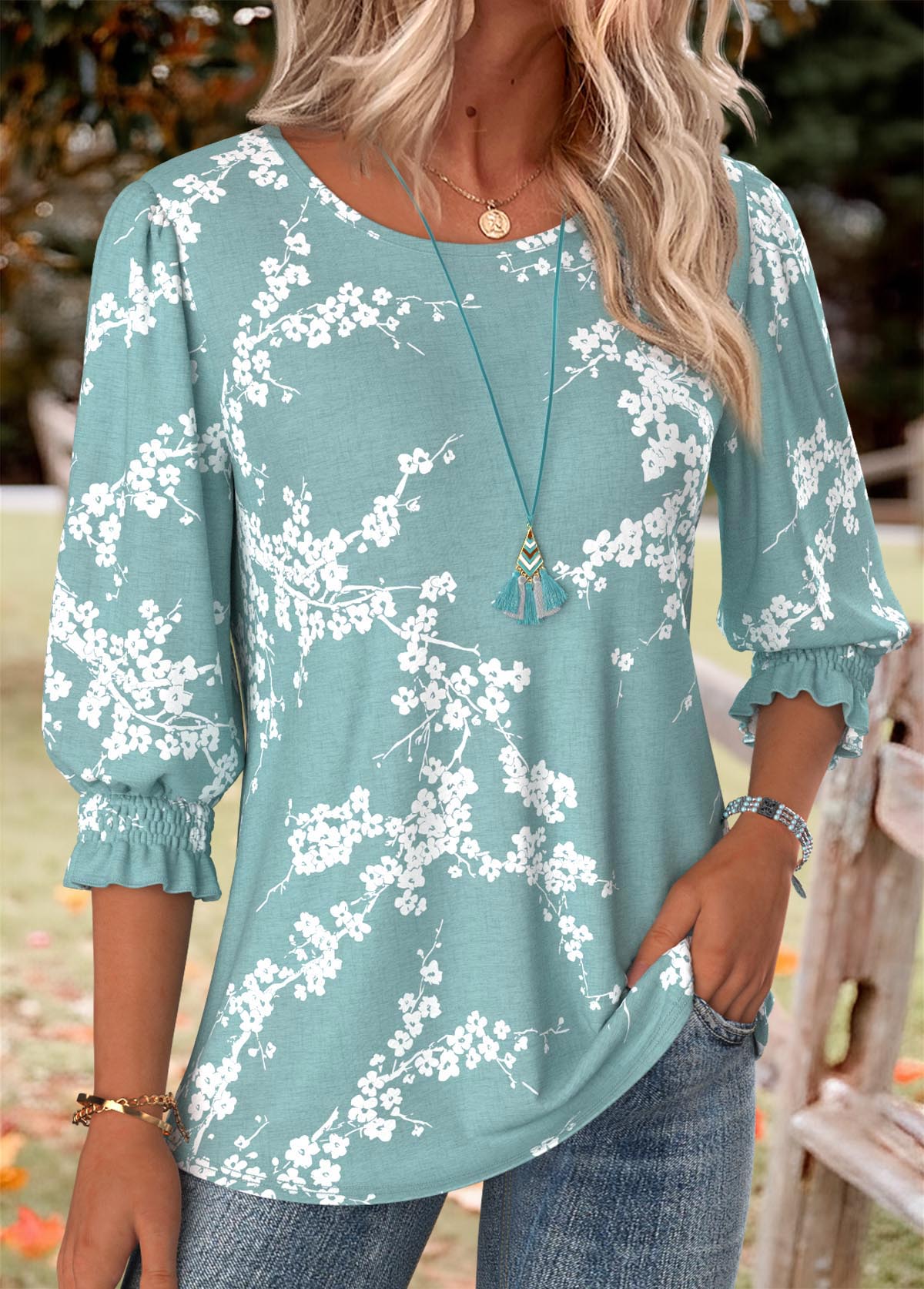 Green Floral Print Smocked 3/4 Sleeve Round Neck Blouse | picture 