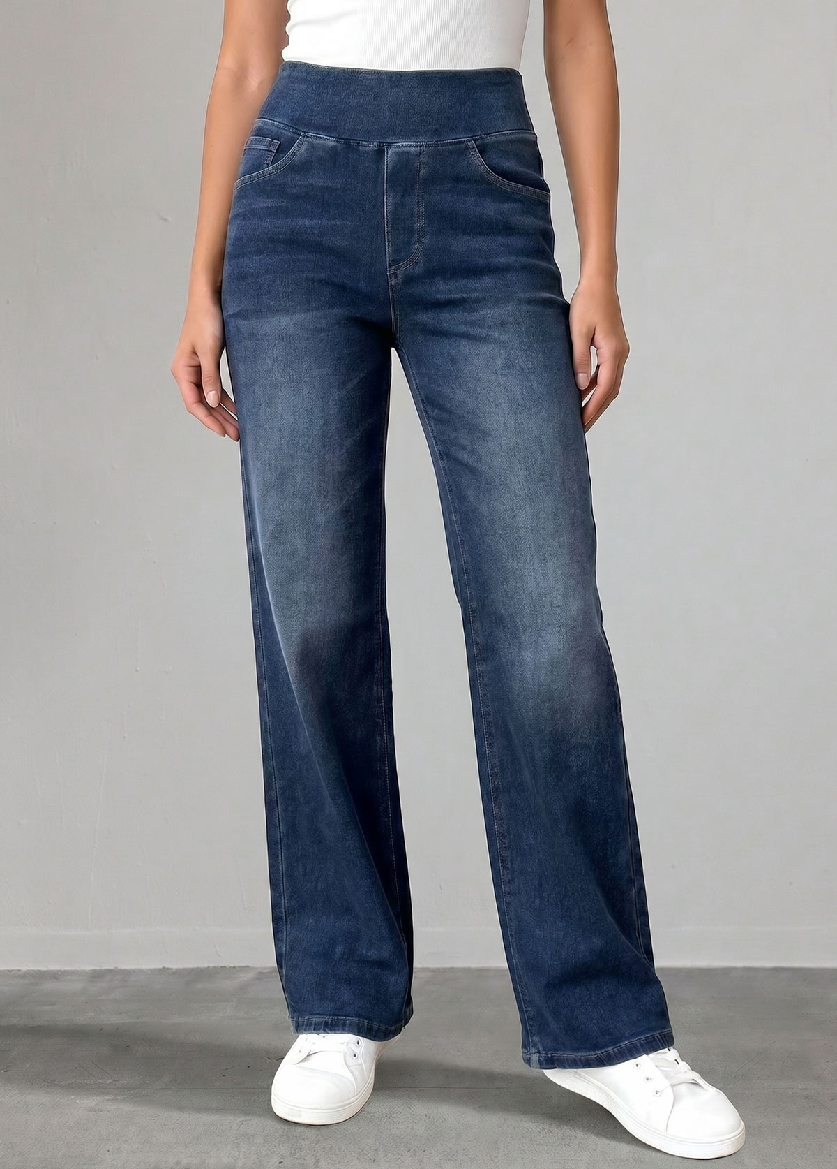 Denim Blue Straight Leg Elastic Waist High Waisted Jeans | picture 