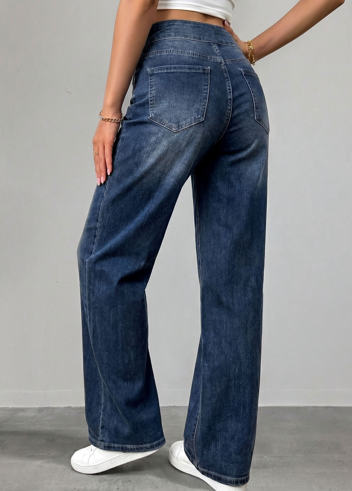Denim Blue Straight Leg Elastic Waist High Waisted Jeans | picture 