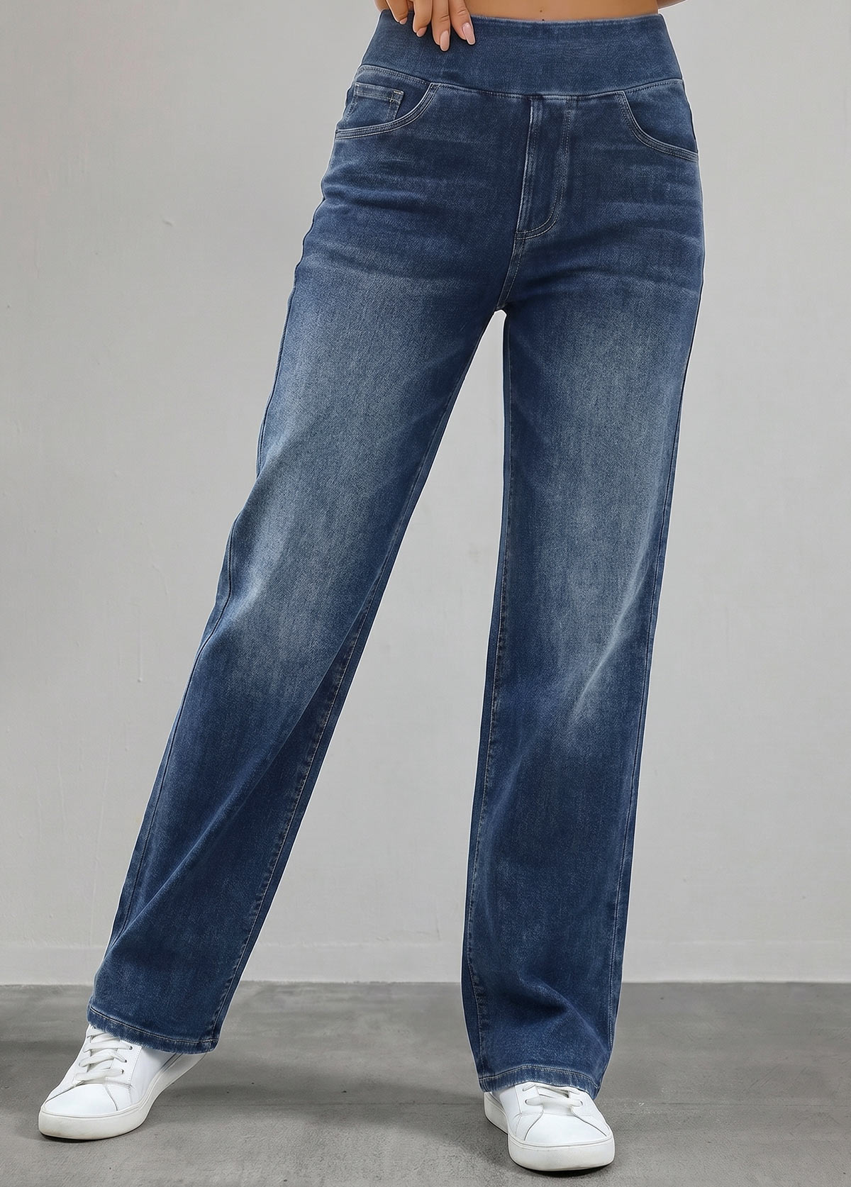 Denim Blue Straight Leg Elastic Waist High Waisted Jeans | picture 