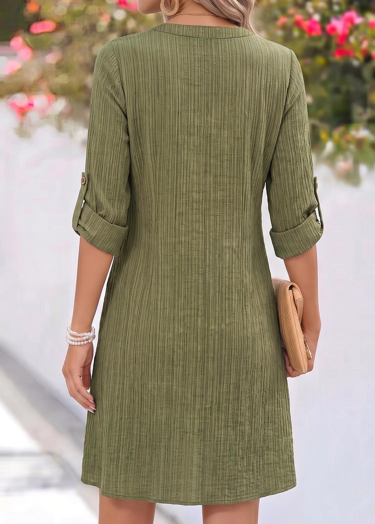 Olive Green Short Patchwork Long Sleeve Split Neck Dress | picture 
