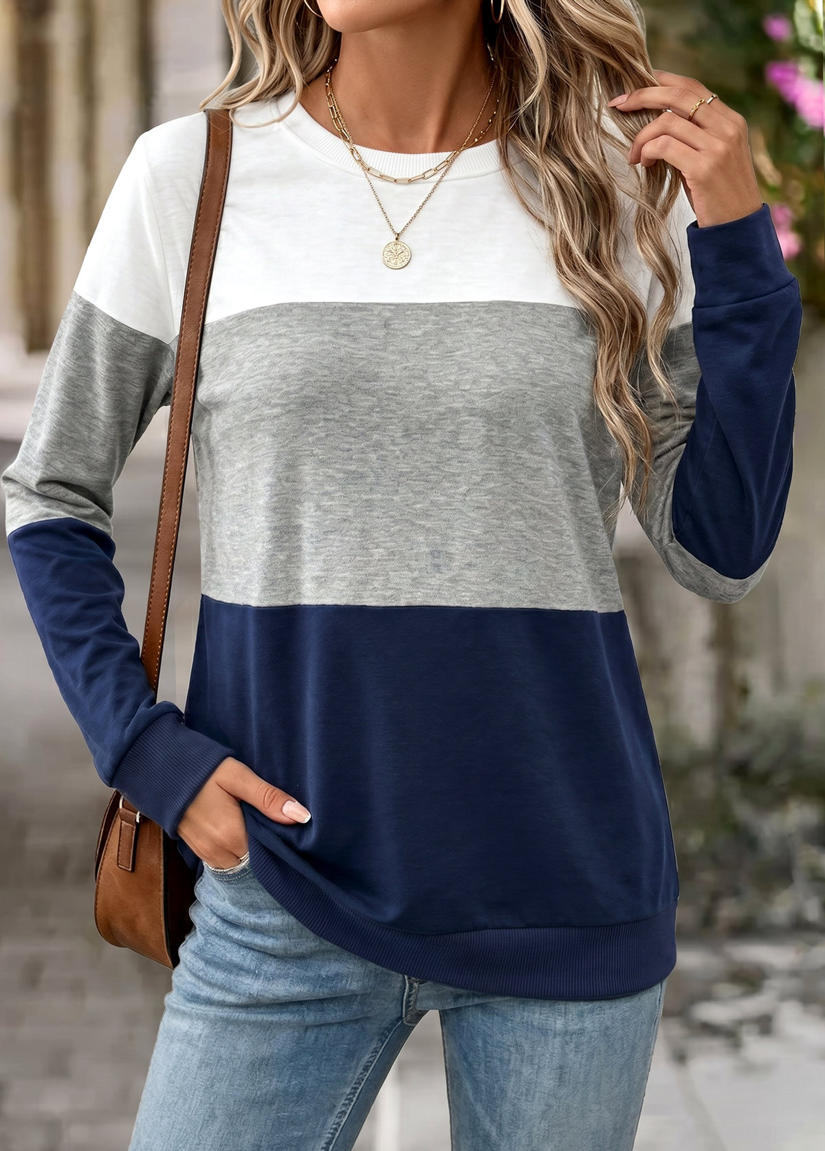 Navy Tummy Coverage Long Sleeve Round Neck Sweatshirt | picture 