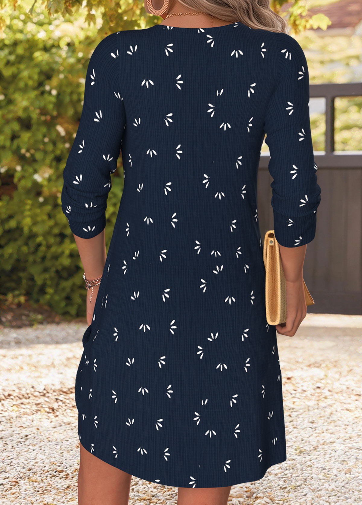 Navy Tribal Print Short Patchwork Long Sleeve Dress | picture 