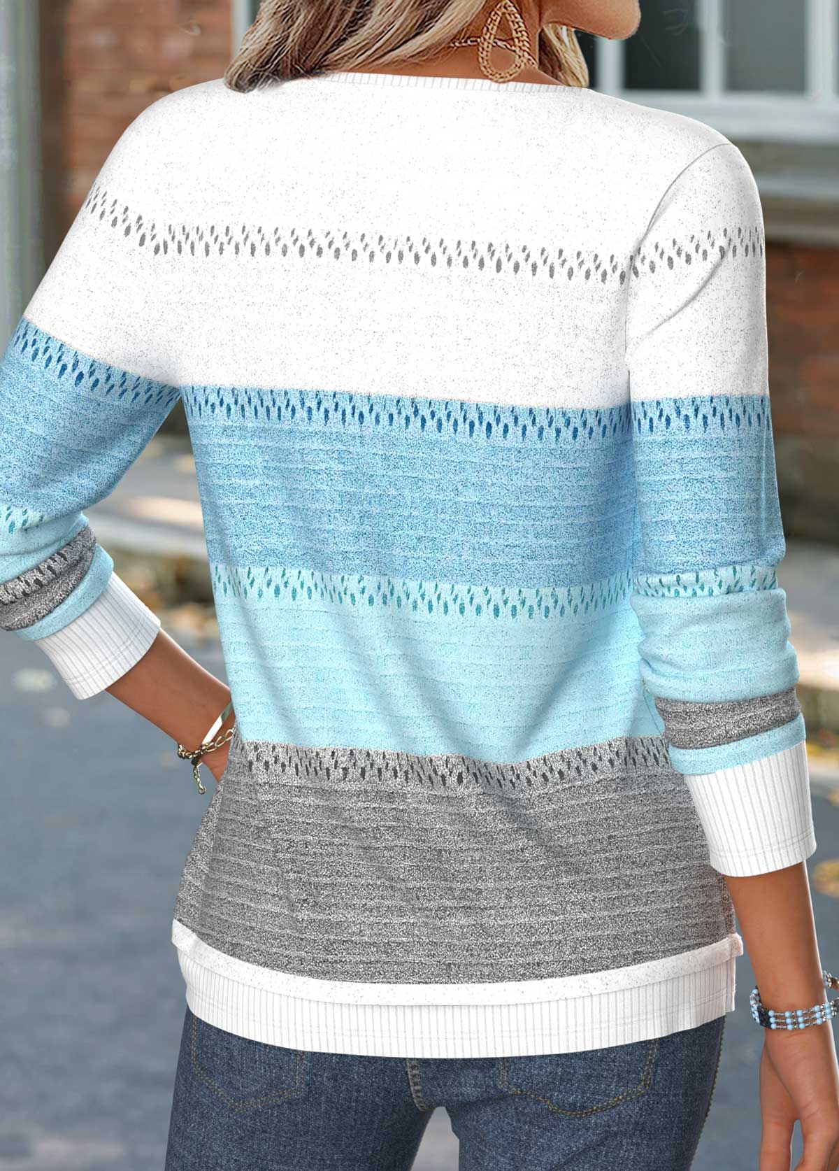 Blue Geometric Print Patchwork Long Sleeve T Shirt | picture 