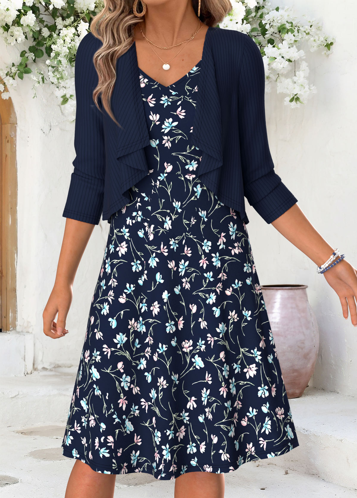 Navy Floral Print Short Tummy Coverage Dress and Cardigan | picture 