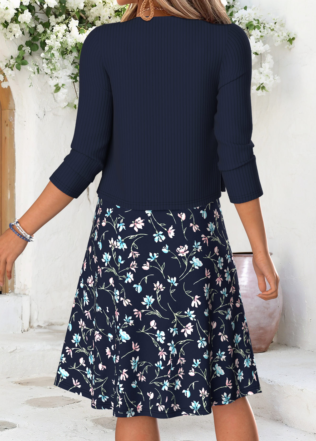Navy Floral Print Short Tummy Coverage Dress and Cardigan | picture 