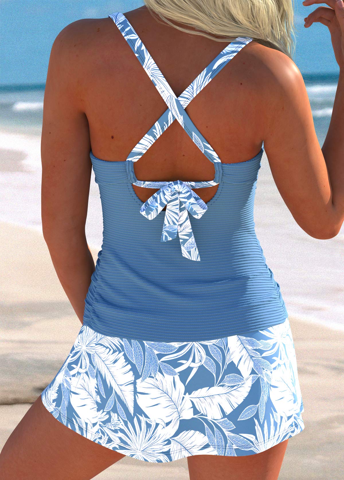 Dusty Blue Mid Waisted Surplice Leaf Print Tankini Set | picture 
