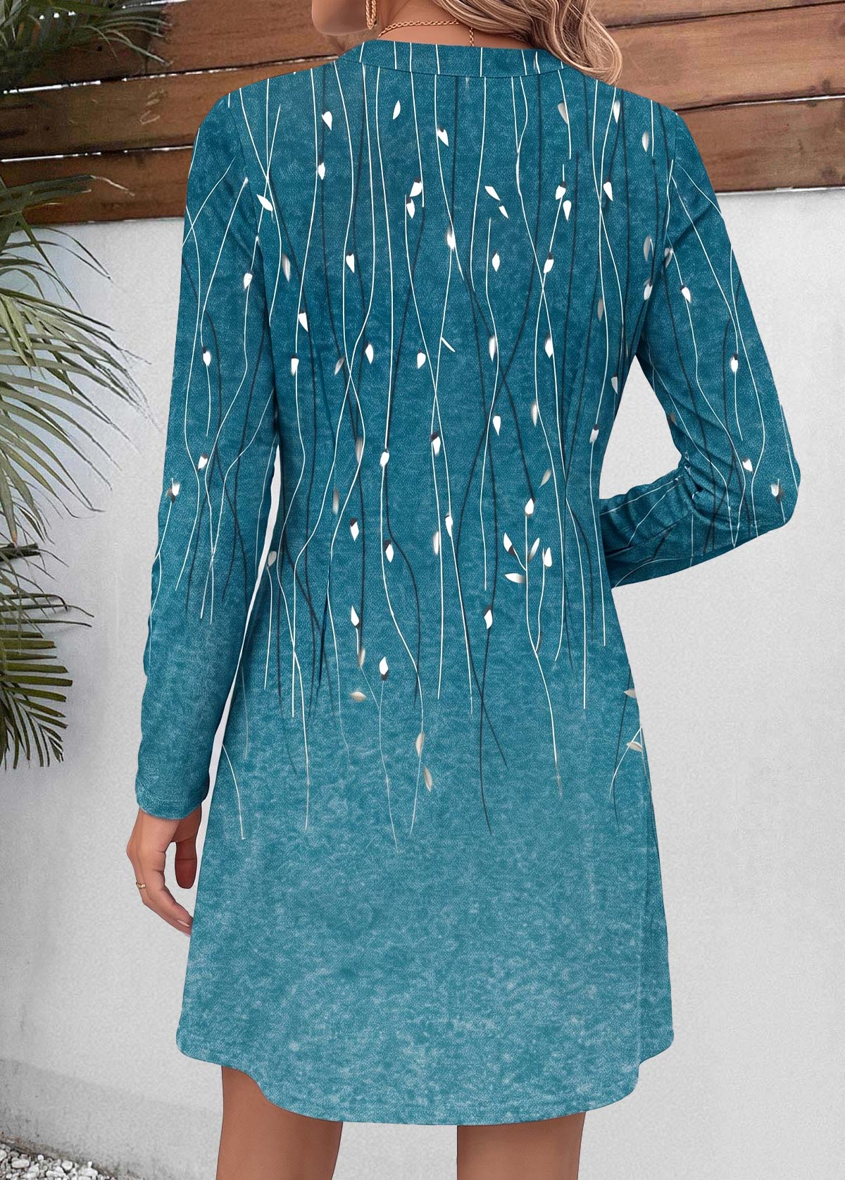 Turquoise Leaf Print Short Tummy Coverage Long Sleeve Dress | picture 