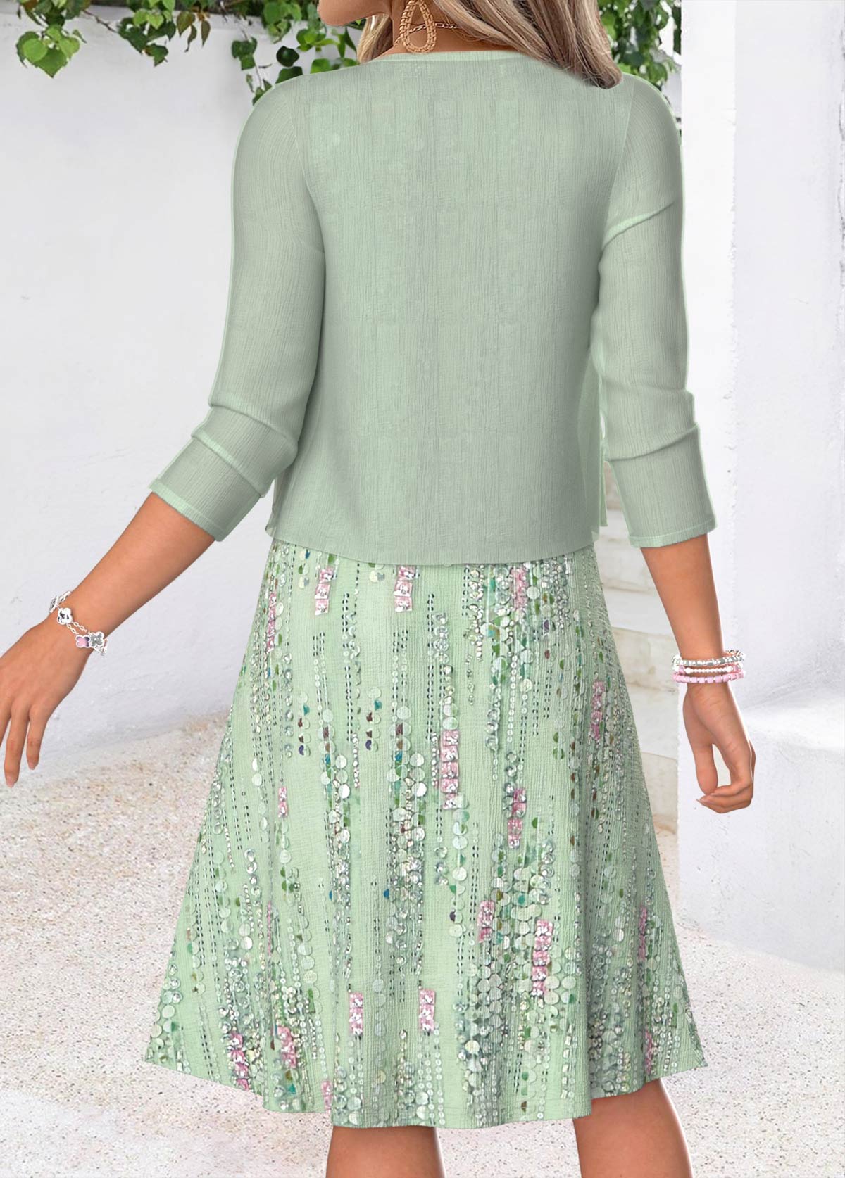 Light Green Geometric Print Two-piece Dress and Cardigan | picture 