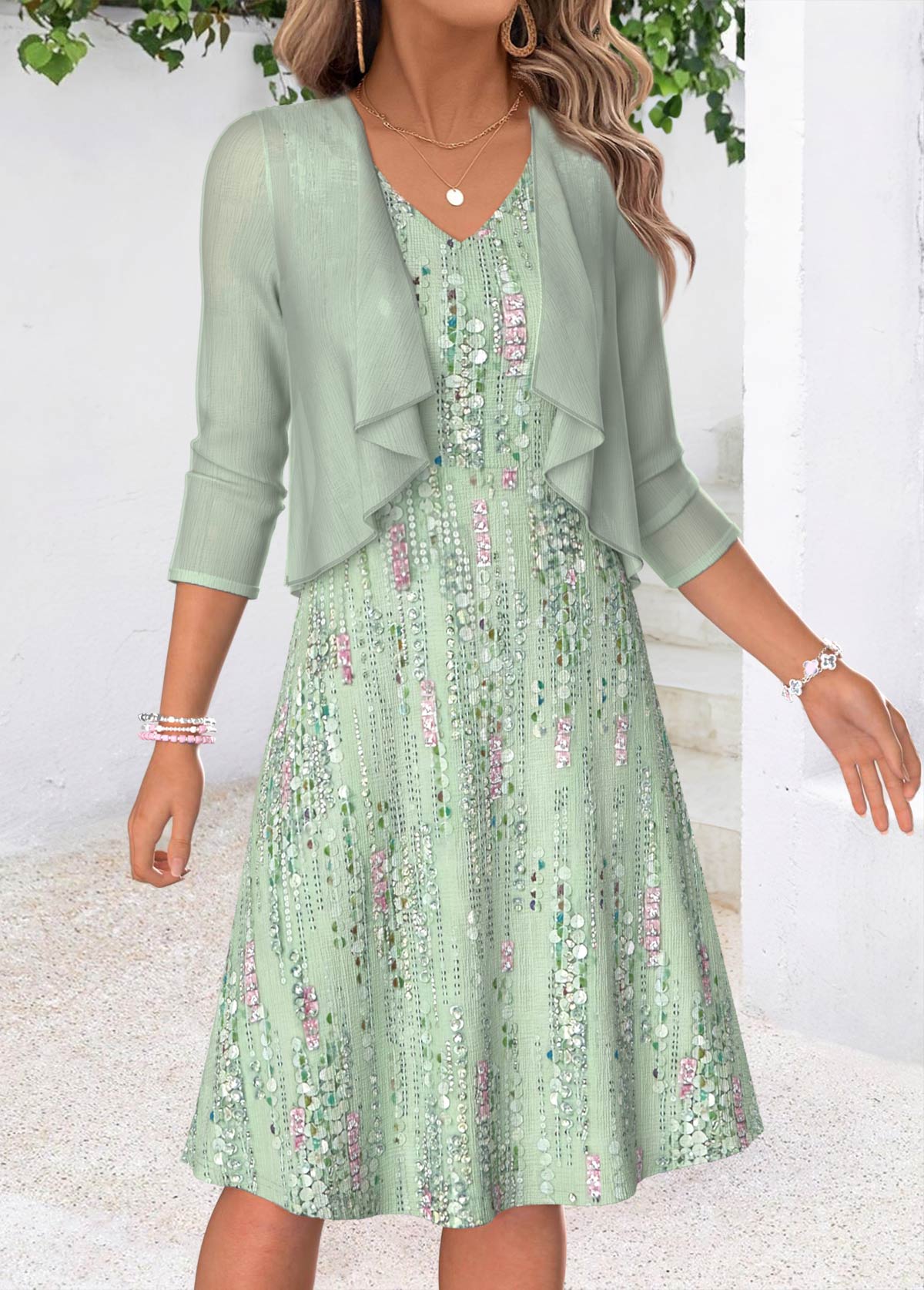 Light Green Geometric Print Two-piece Dress and Cardigan | picture 