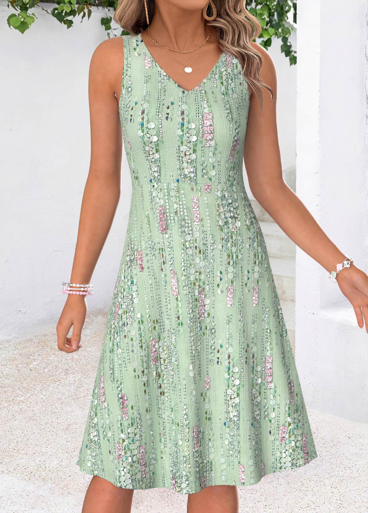Light Green Geometric Print Two-piece Dress and Cardigan | picture 