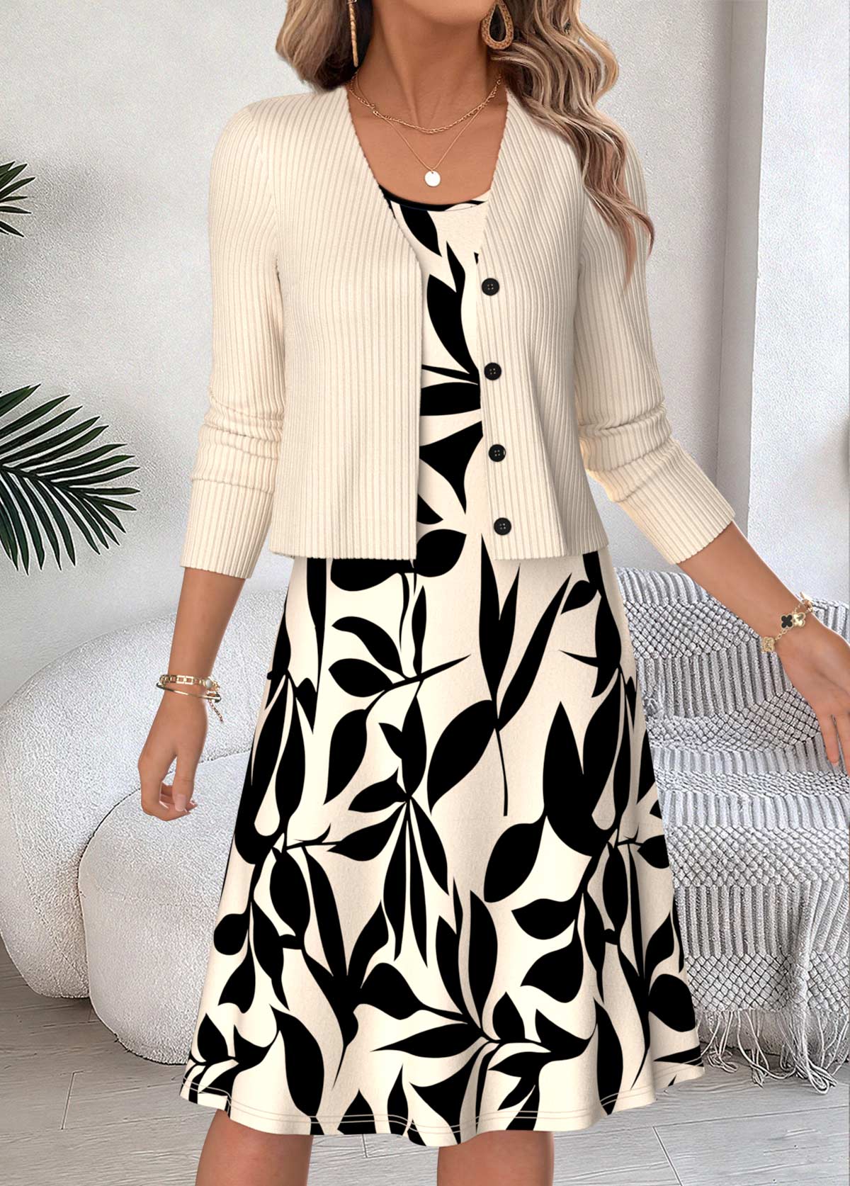 Beige Leaf Print Two-piece Long Sleeve Dress and Cardigan | picture 