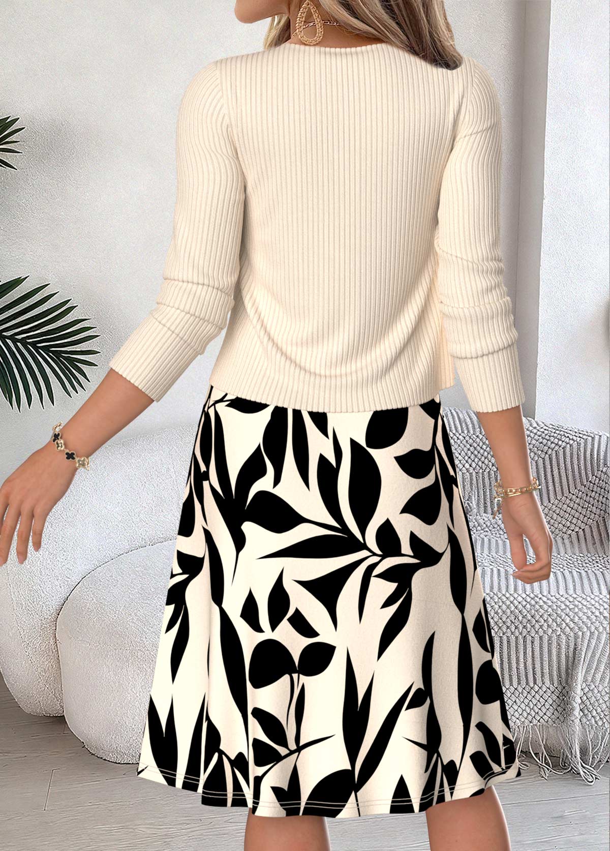Beige Leaf Print Two-piece Long Sleeve Dress and Cardigan | picture 