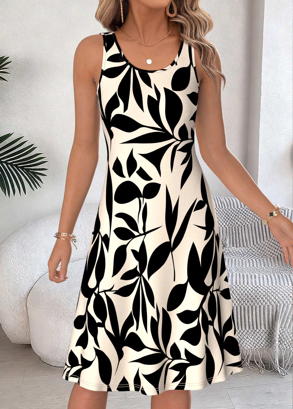 Beige Leaf Print Two-piece Long Sleeve Dress and Cardigan | picture 