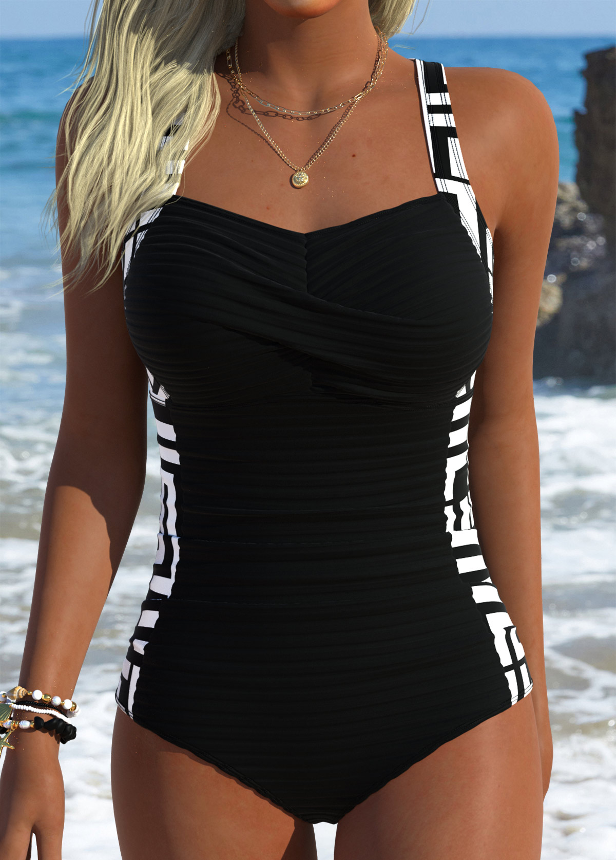 Black Pull On Geometric Print One Piece Swimwear | picture 