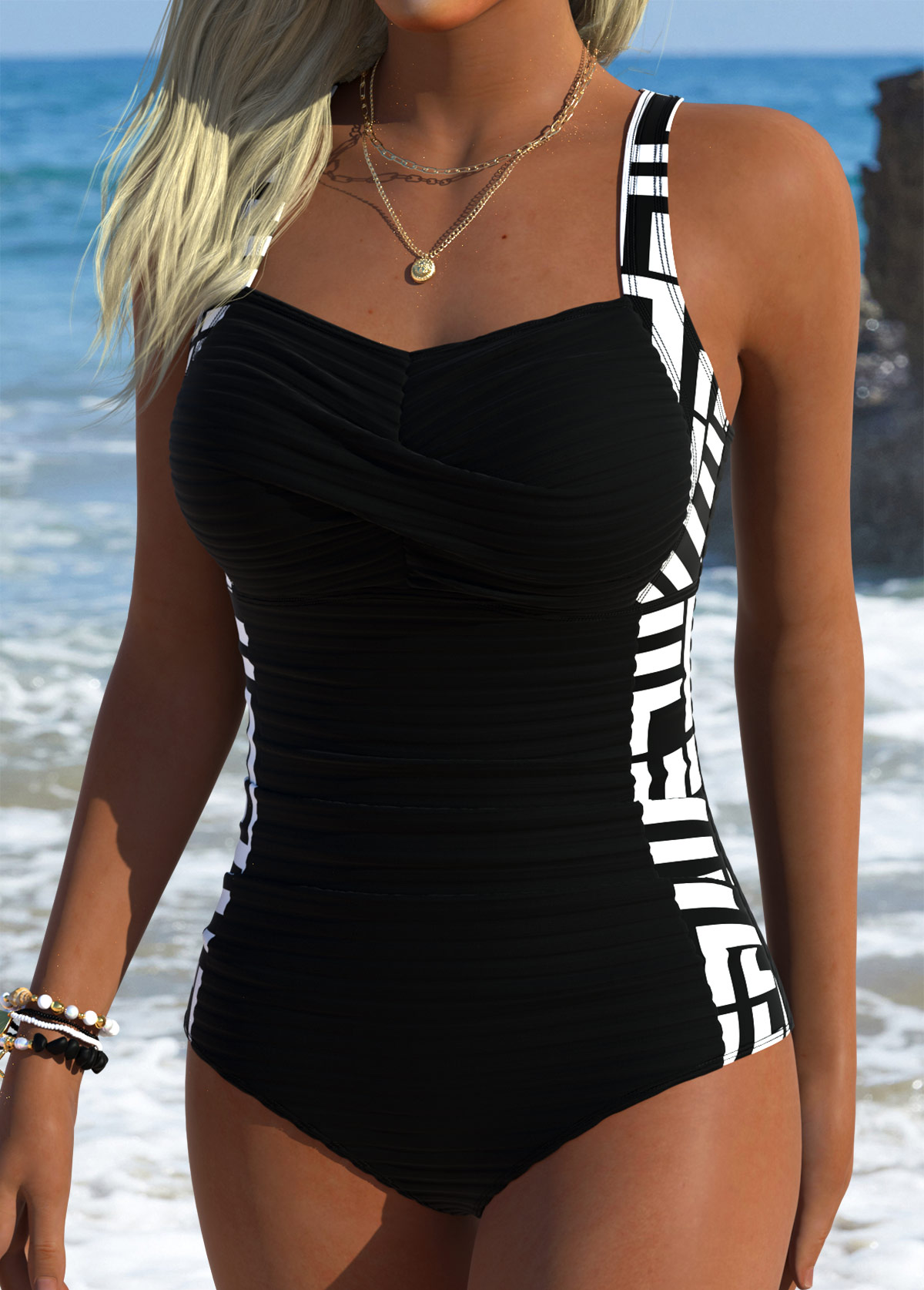 Black Pull On Geometric Print One Piece Swimwear | picture 