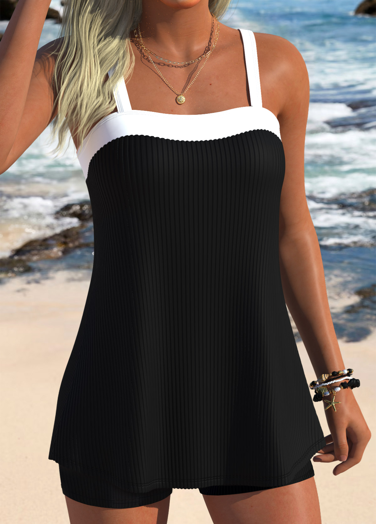 Black Mid Waisted Three-piece Tankini Set | picture 
