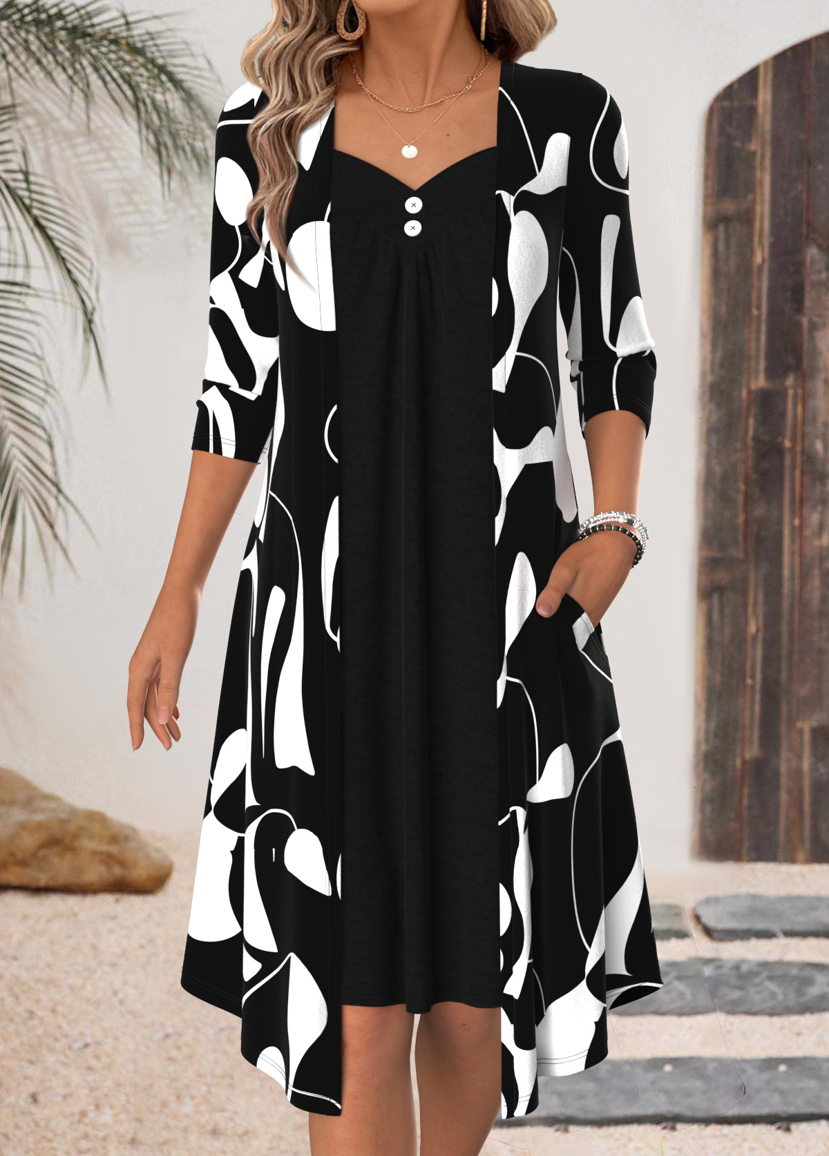Black Geometric Print Fake 2in1 3/4 Sleeve Dress | picture 