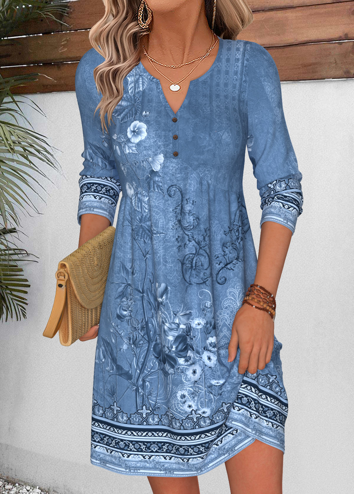 Dusty Blue Random Floral Print Short Shirred Dress | picture 