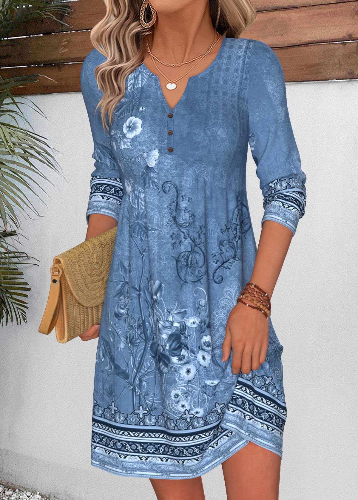 Dusty Blue Random Floral Print Short Shirred Dress | picture 