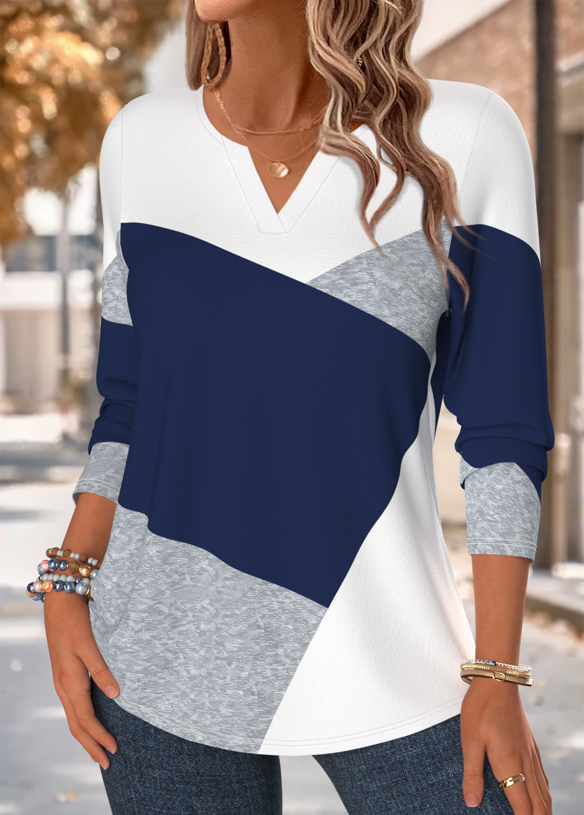 Navy Geometric Print Curved Hem Long Sleeve T Shirt | picture 