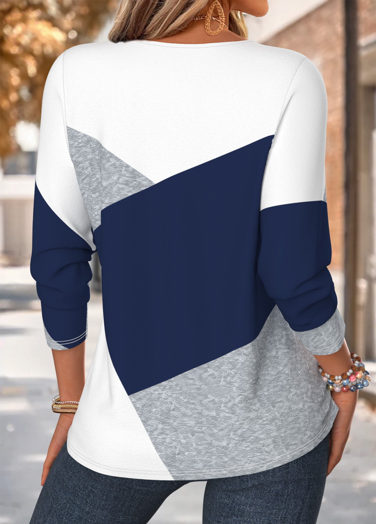 Navy Geometric Print Curved Hem Long Sleeve T Shirt | picture 