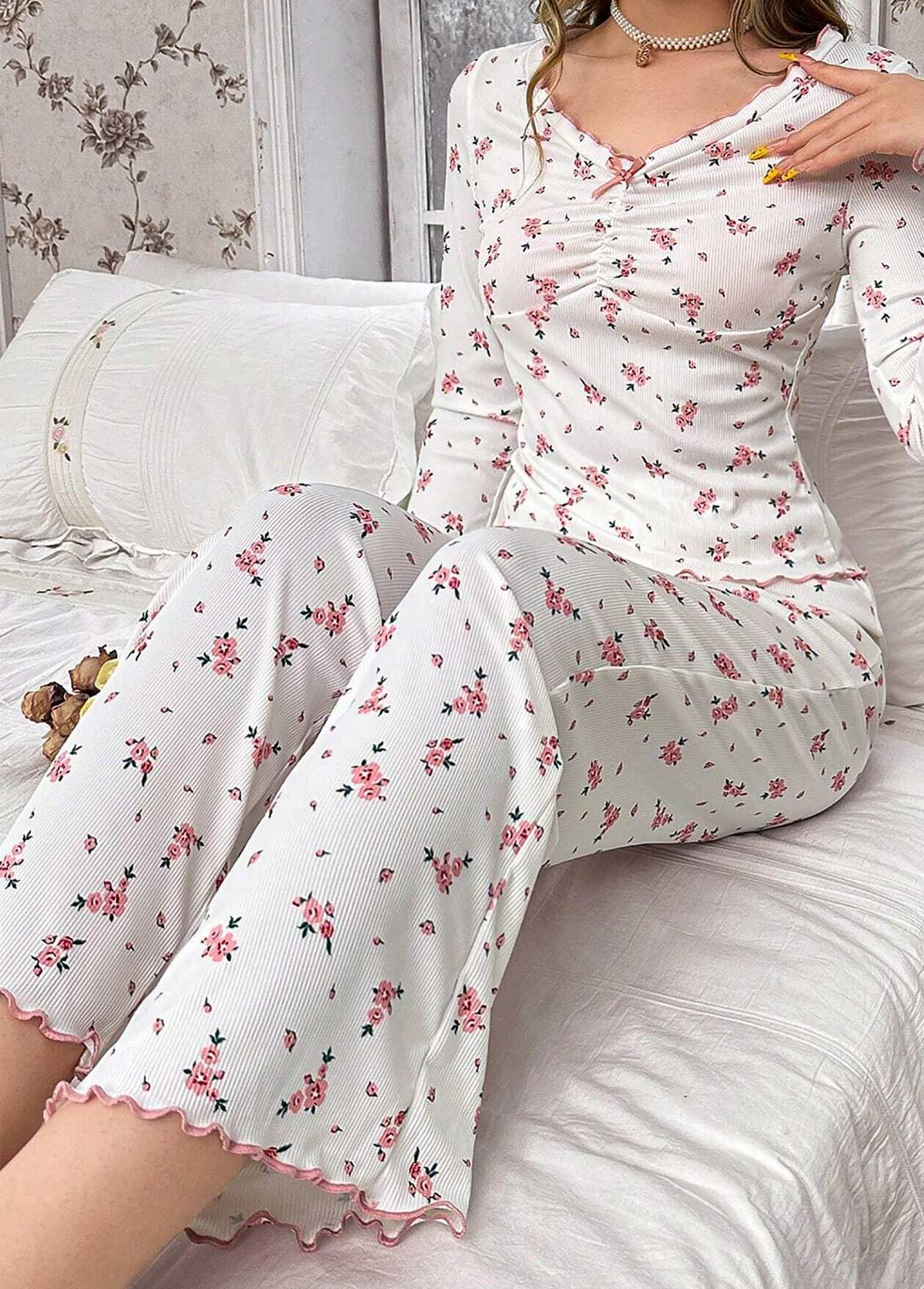 Light Pink Ditsy Floral Print Lounge Top and Pants | picture 