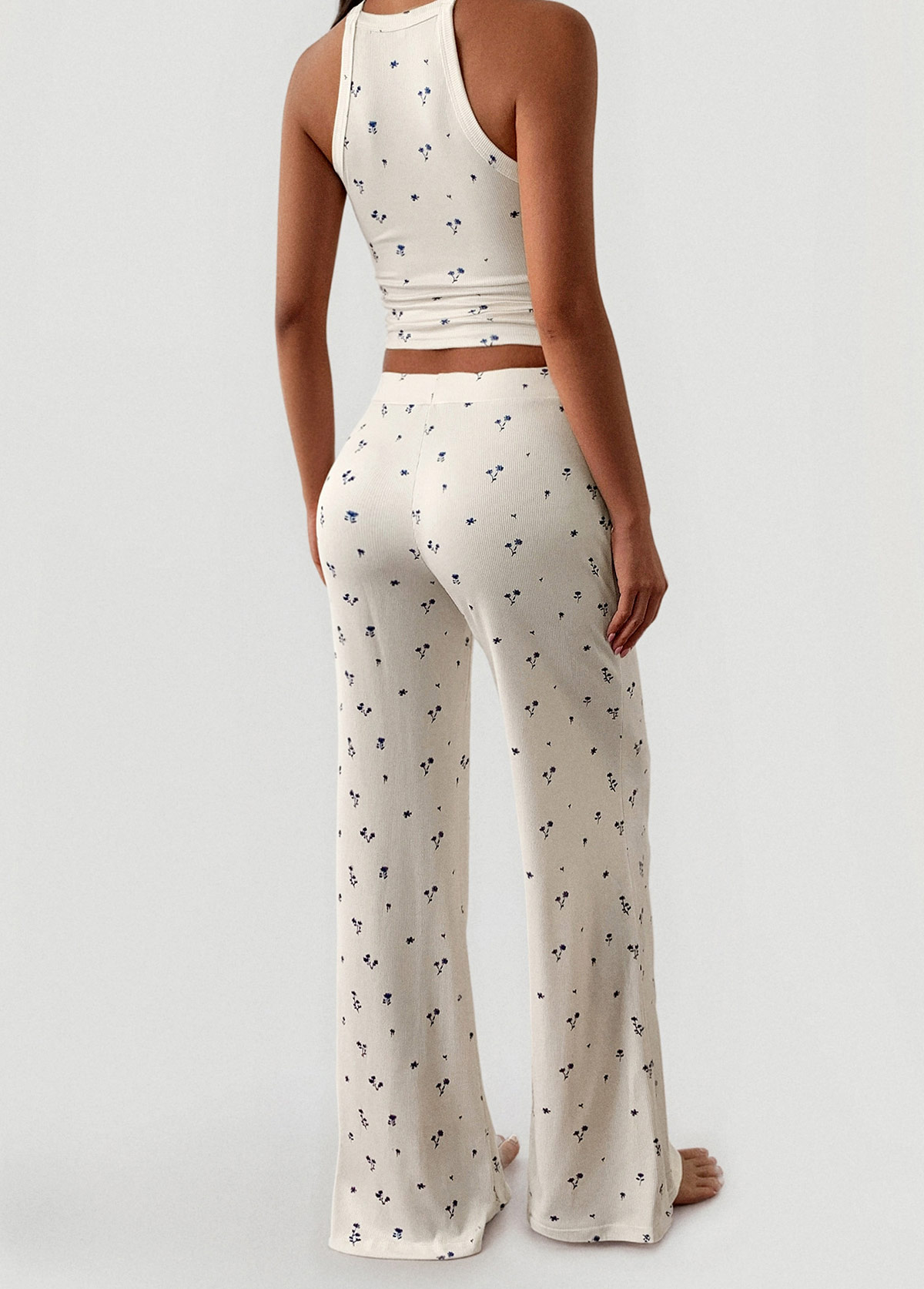 Beige Ditsy Floral Print Strappy Lounge Top and Pants | picture 