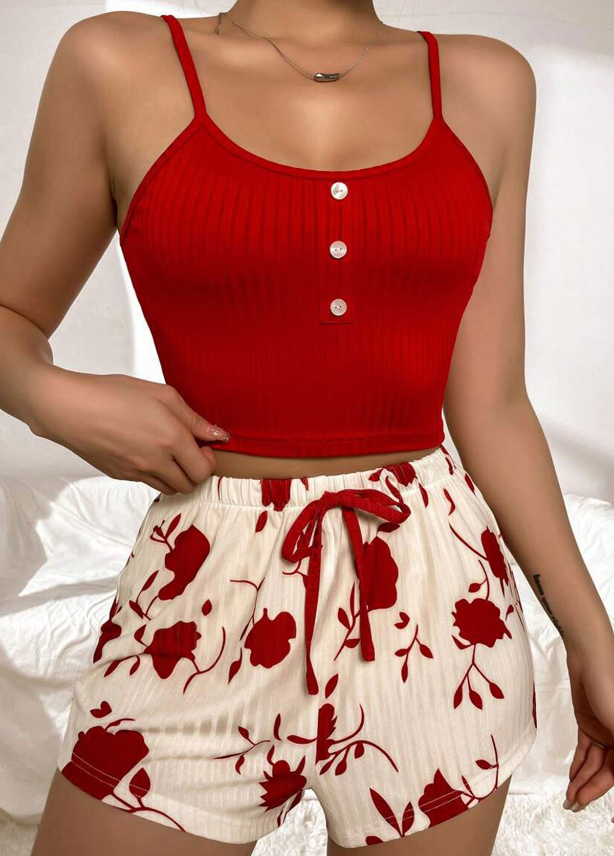 Red Floral Print Strappy Lounge Top and Shorts | picture 