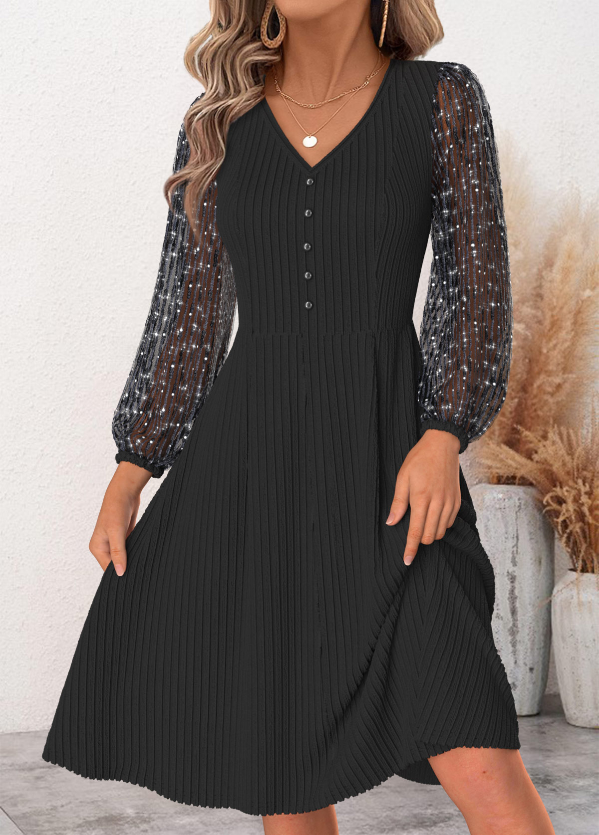 Black Patchwork Long Sleeve V Neck Dress | picture 