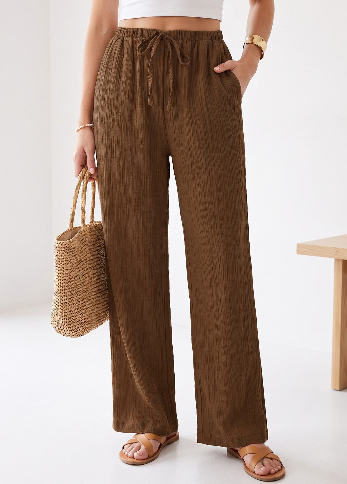 Dark Coffee Elastic Waist High Waisted Pants | picture 