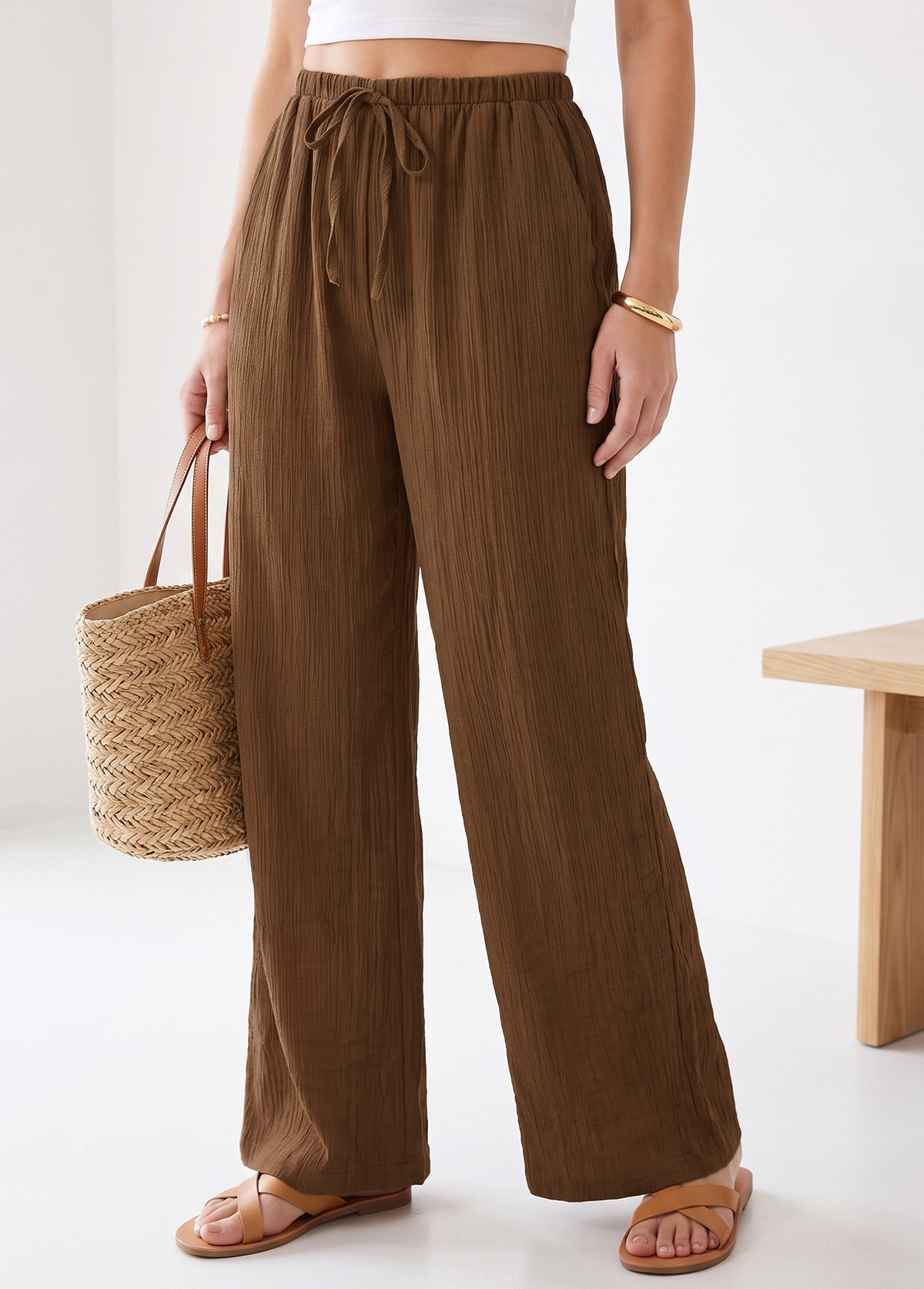 Dark Coffee Elastic Waist High Waisted Pants | picture 