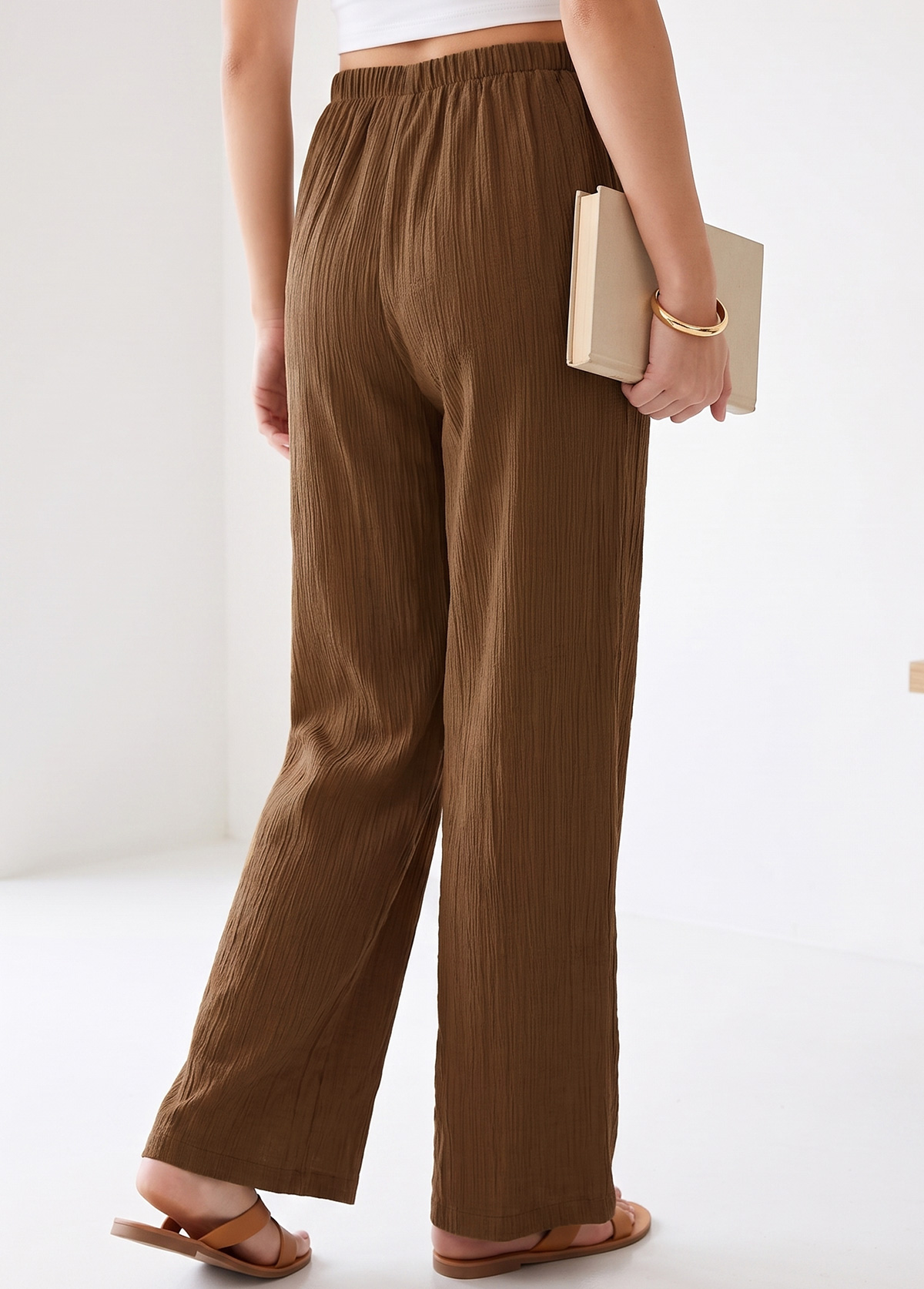 Dark Coffee Elastic Waist High Waisted Pants | picture 