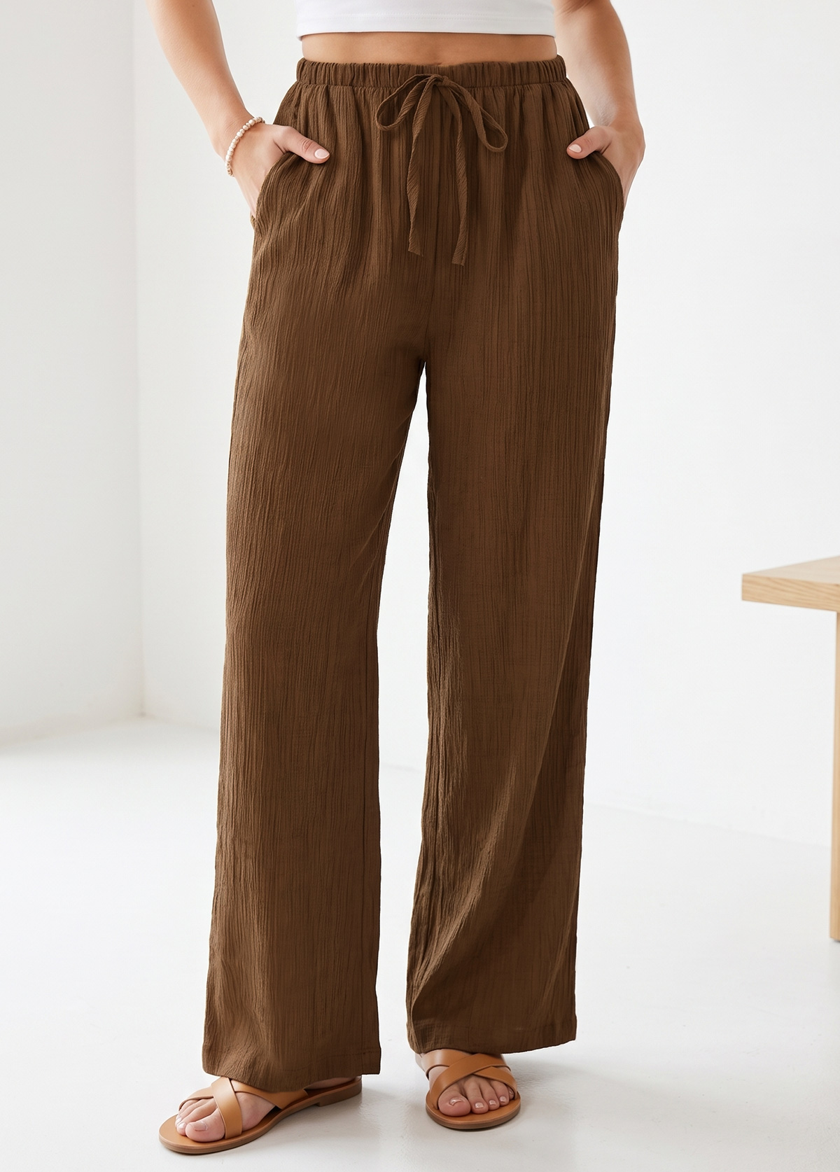 Dark Coffee Elastic Waist High Waisted Pants | picture 