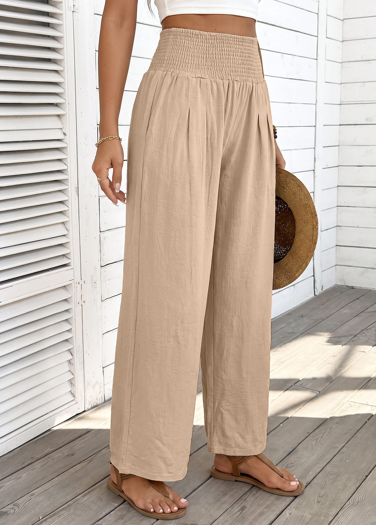 Light Coffee Straight Leg Elastic Waist High Waisted Pants | picture 