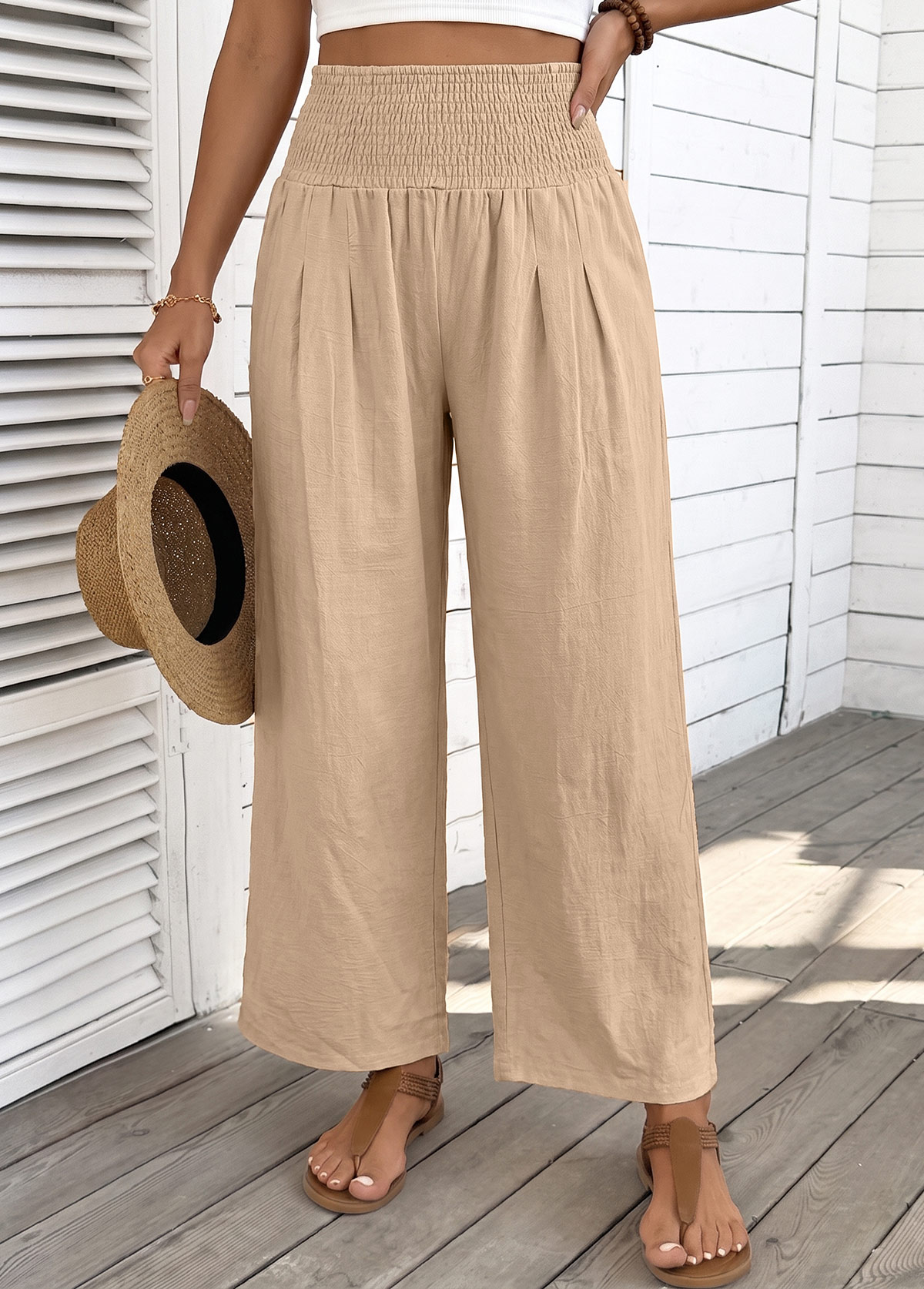 Light Coffee Straight Leg Elastic Waist High Waisted Pants | picture 
