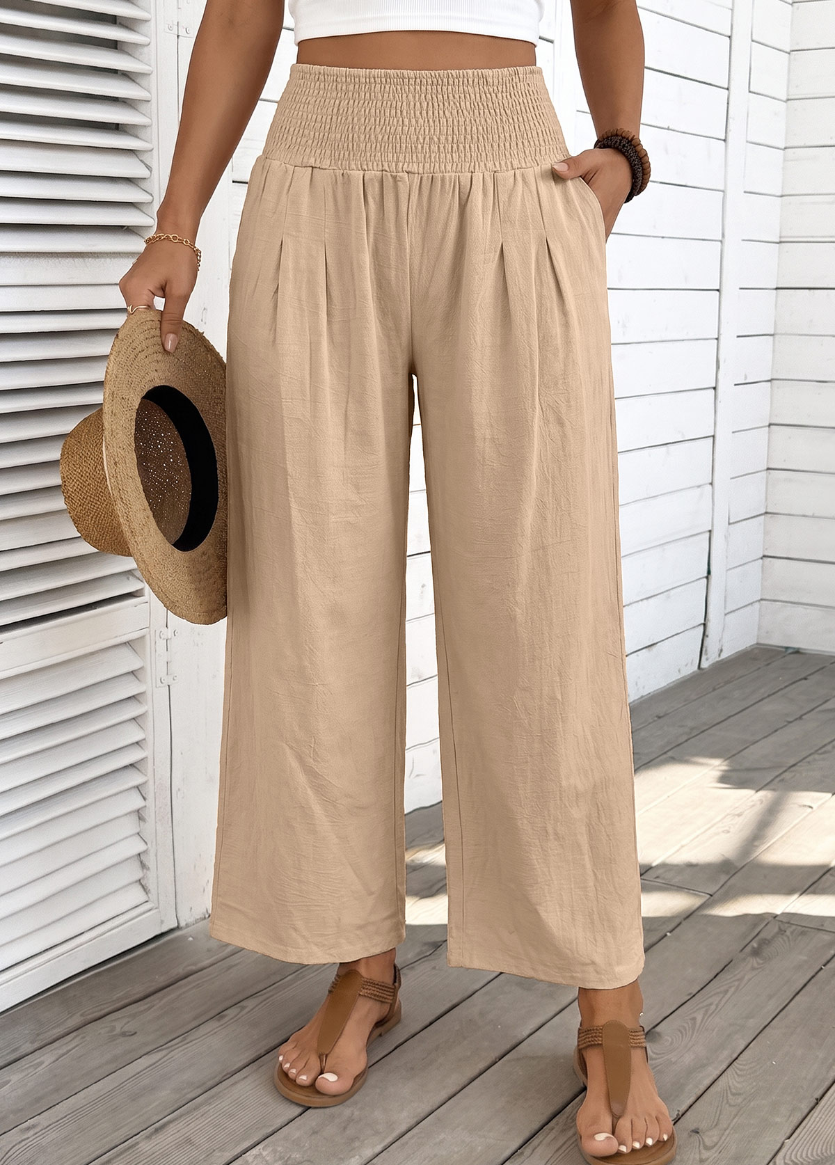 Light Coffee Straight Leg Elastic Waist High Waisted Pants | picture 