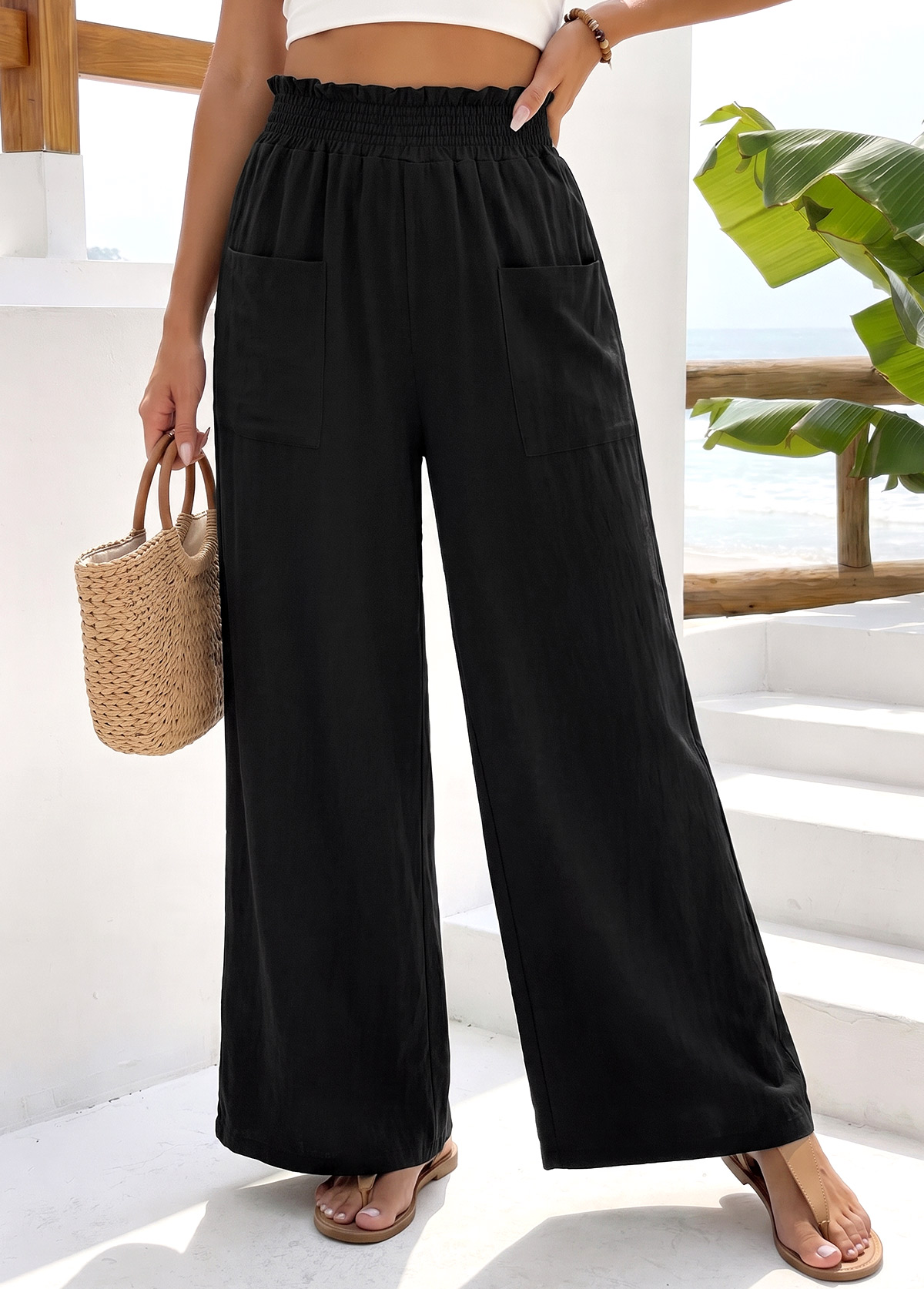 Black Wide Leg Elastic Waist High Waisted Pants | picture 