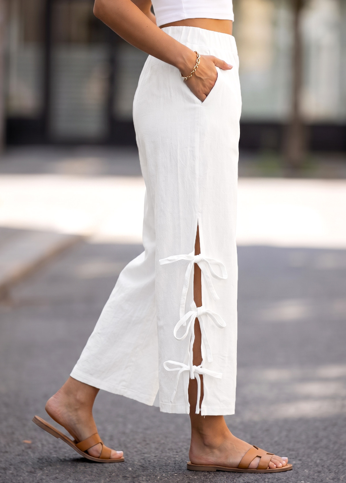 White Straight Leg Elastic Waist High Waisted Pants | picture 