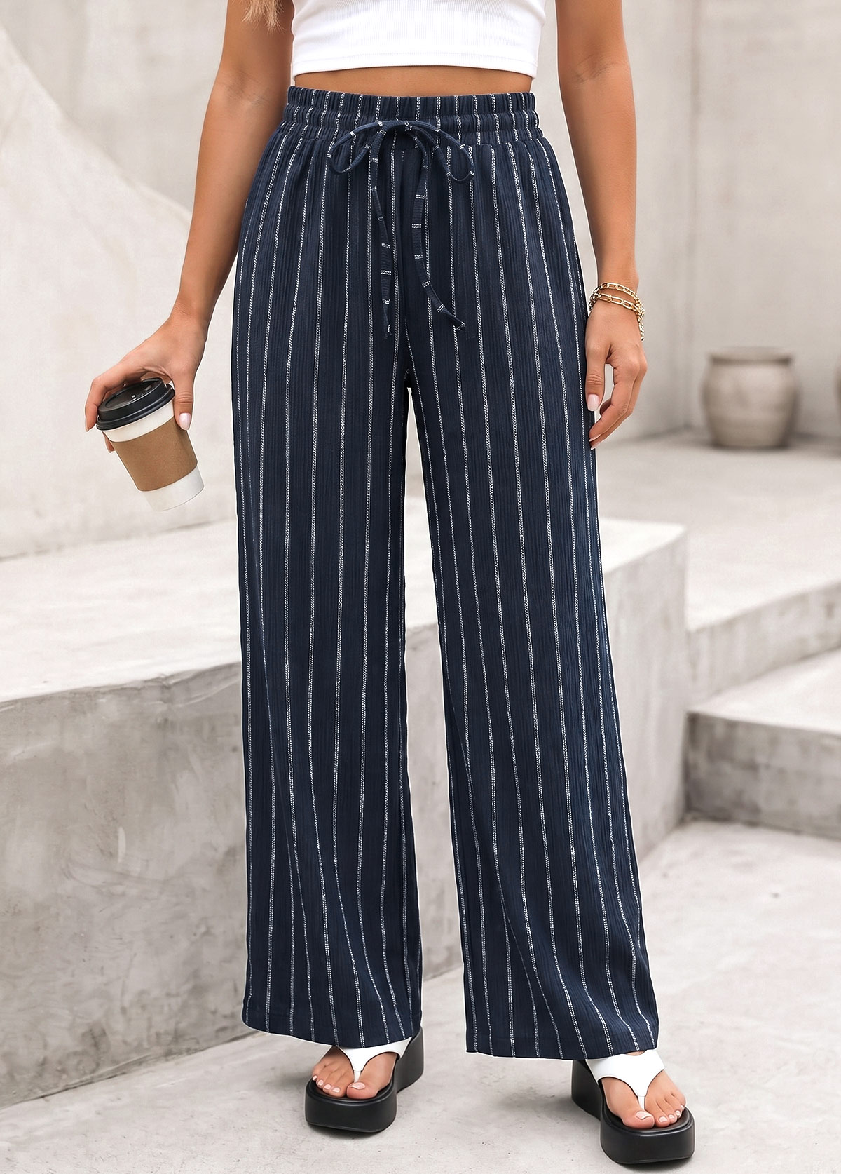 Navy Striped Elastic Waist High Waisted Pants | picture 