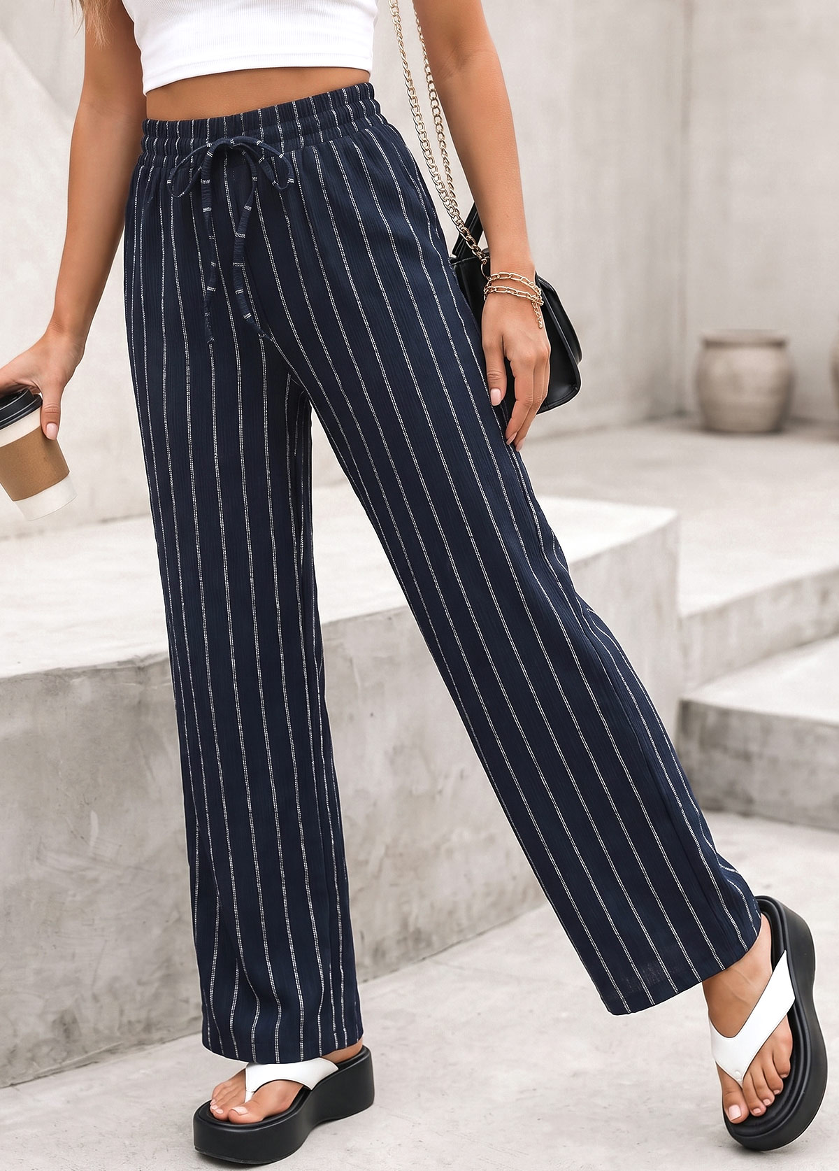 Navy Striped Elastic Waist High Waisted Pants | picture 