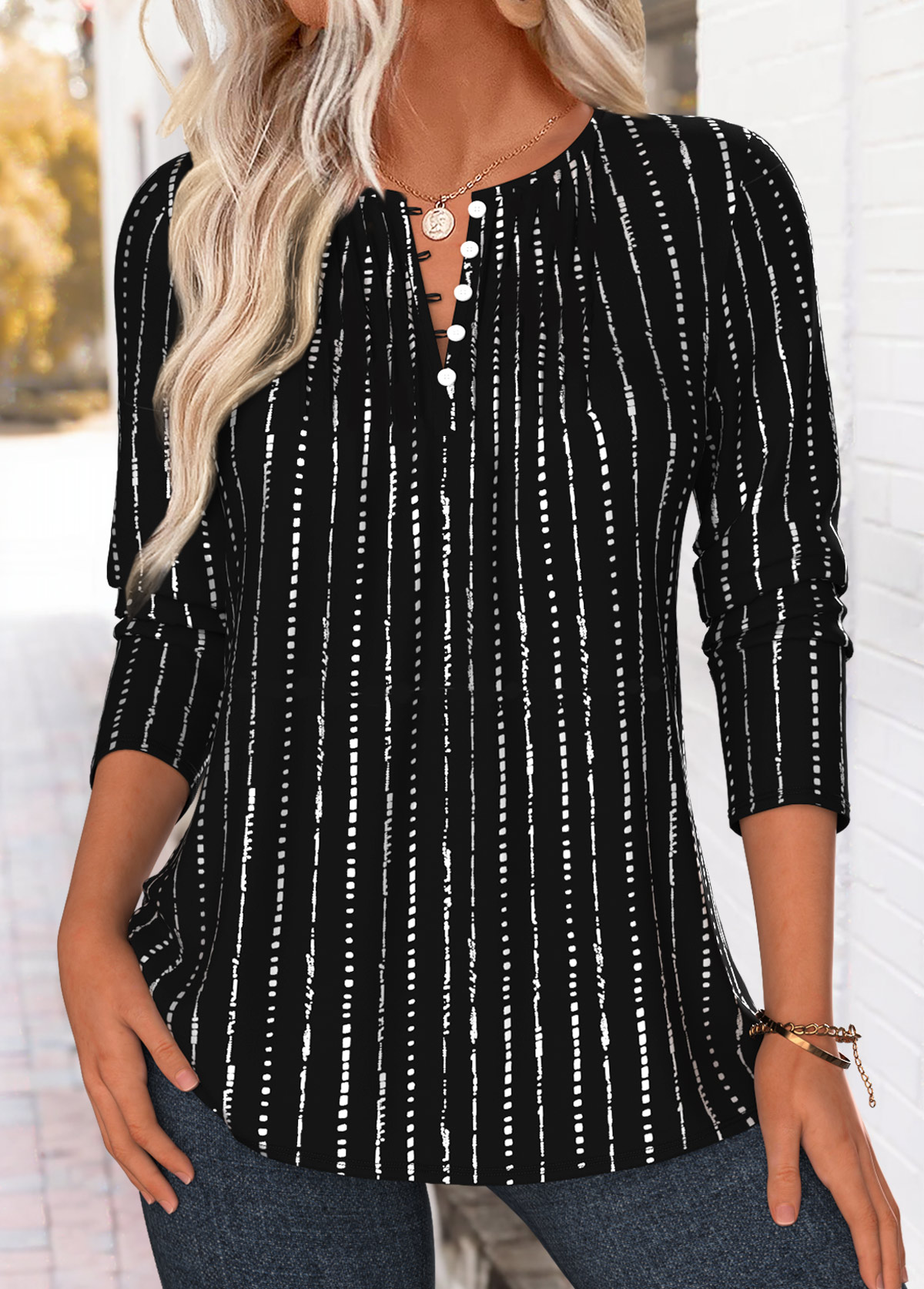 Black Striped Tuck Stitch Long Sleeve T Shirt | picture 