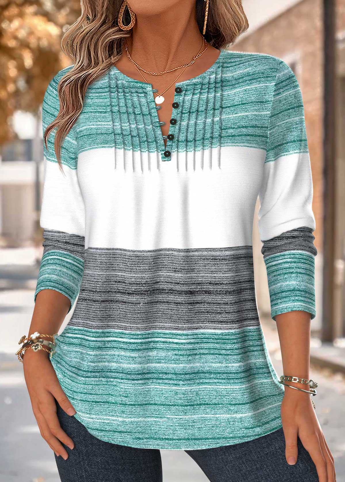 Mint Green Striped Tuck Stitch Long Sleeve T Shirt | picture 