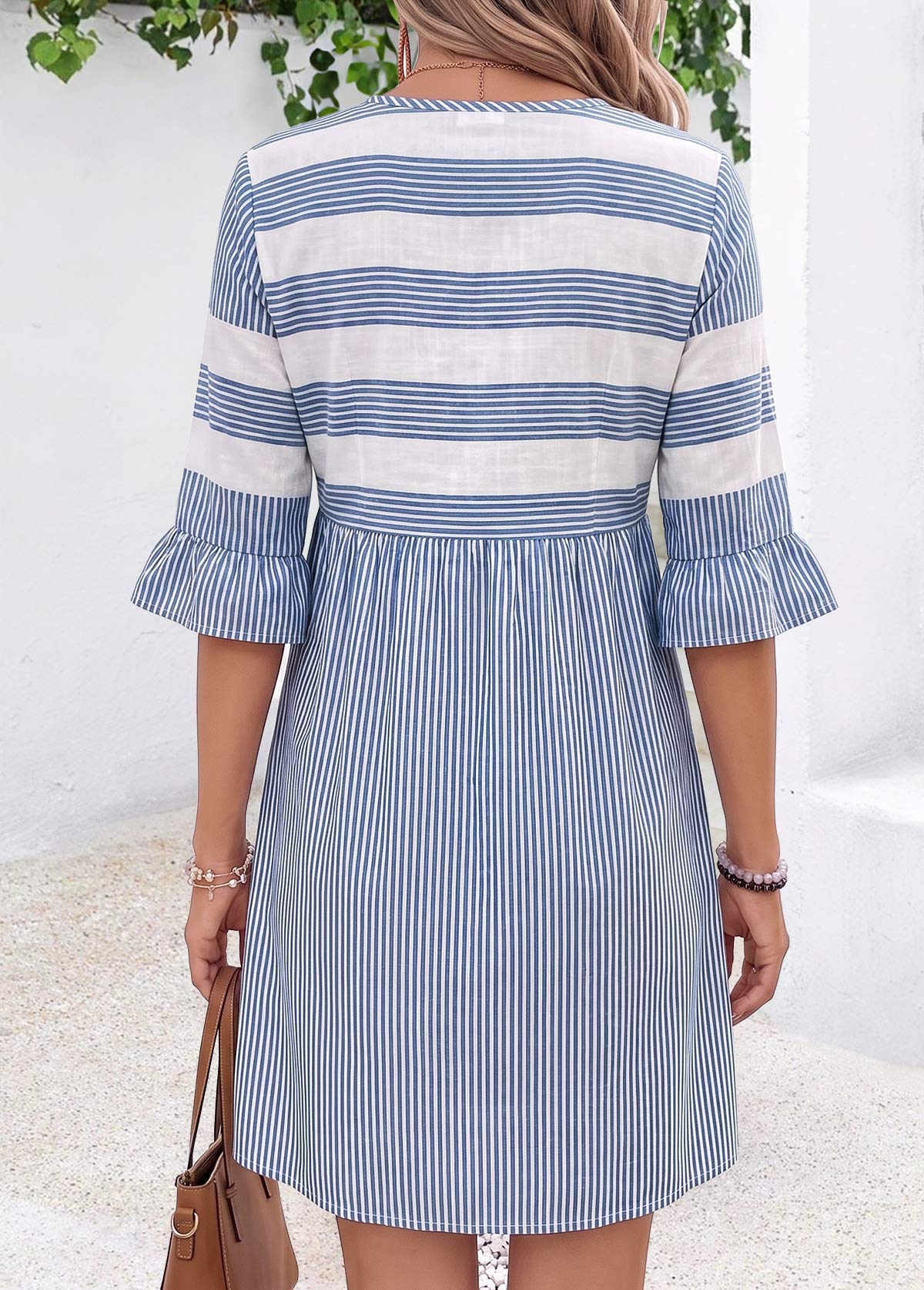 Blue Striped Short Tummy Coverage Half Sleeve Dress | picture 